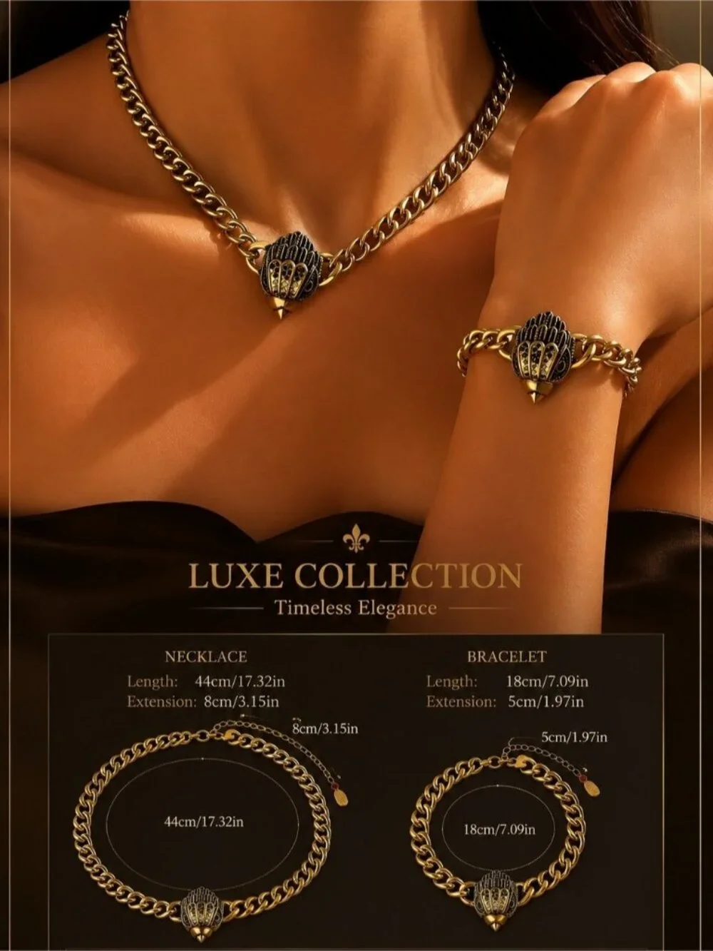 Luxe Collection Vintage Gold Tone Necklace & Bracelet Set with Black Accents